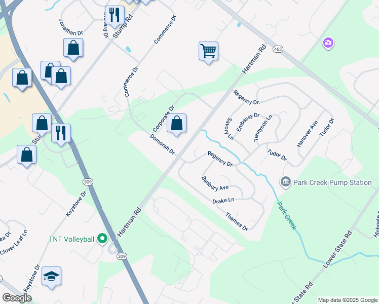 map of restaurants, bars, coffee shops, grocery stores, and more near 103 Citadel Court in North Wales
