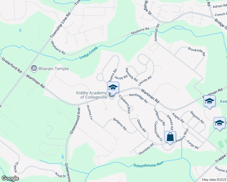 map of restaurants, bars, coffee shops, grocery stores, and more near 340 Wartman Road in Collegeville