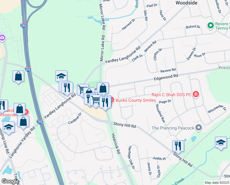 map of restaurants, bars, coffee shops, grocery stores, and more near 711 West Melissa Drive in Yardley