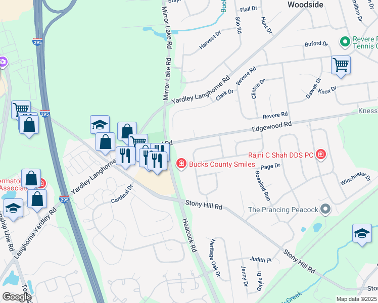 map of restaurants, bars, coffee shops, grocery stores, and more near 711 West Melissa Drive in Yardley
