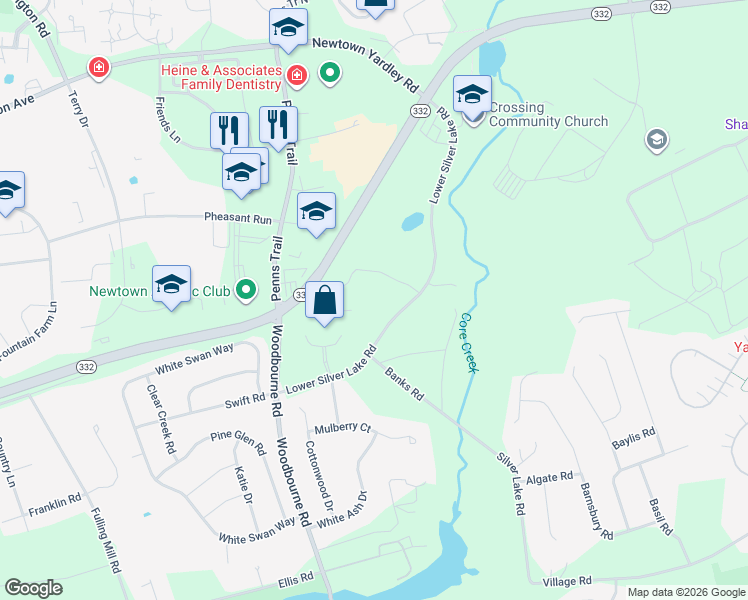 map of restaurants, bars, coffee shops, grocery stores, and more near 41 University Drive in Newtown