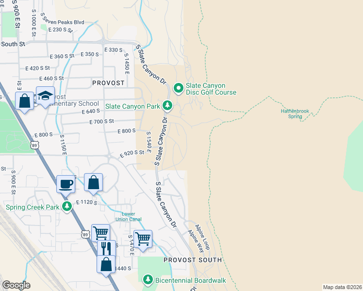 map of restaurants, bars, coffee shops, grocery stores, and more near 890 Aspen Summit Drive in Provo