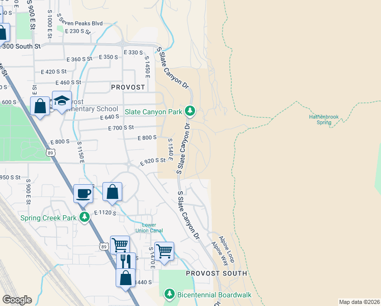 map of restaurants, bars, coffee shops, grocery stores, and more near 908 South Aspen Place in Provo