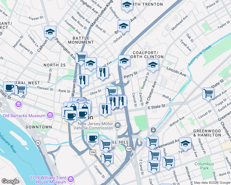 map of restaurants, bars, coffee shops, grocery stores, and more near 54 North Stockton Street in Trenton