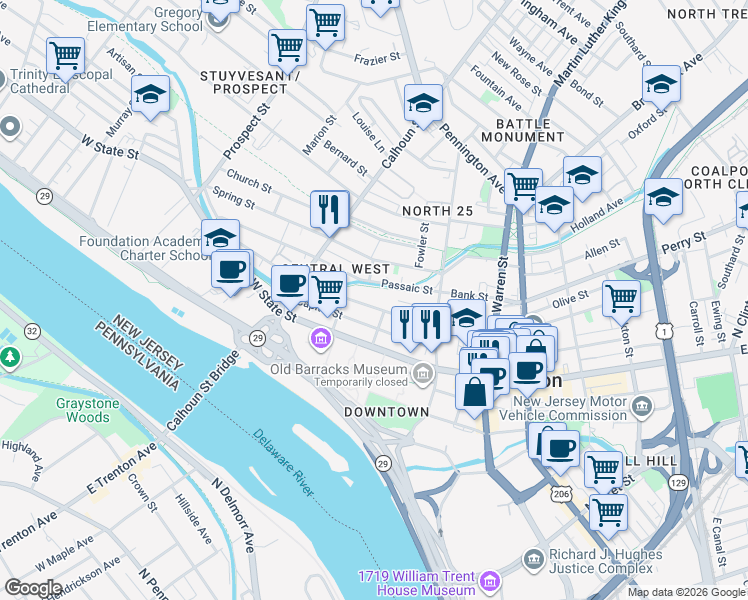 map of restaurants, bars, coffee shops, grocery stores, and more near 178 West Hanover Street in Trenton