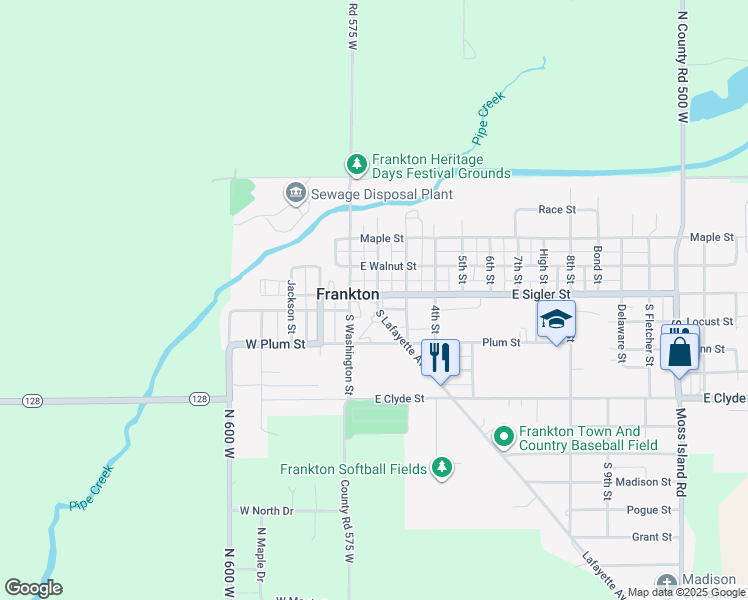 map of restaurants, bars, coffee shops, grocery stores, and more near 113 East Sigler Street in Frankton