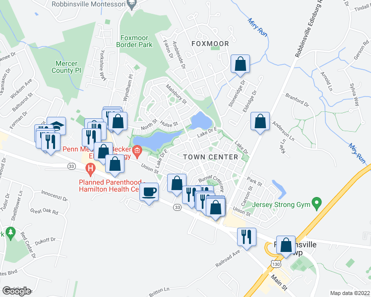 map of restaurants, bars, coffee shops, grocery stores, and more near 1148 Lake Drive East in Robbinsville
