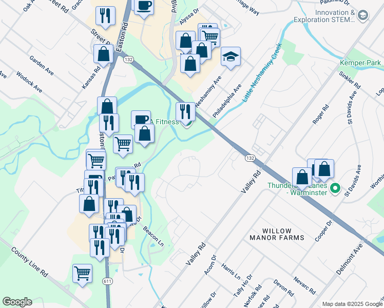 map of restaurants, bars, coffee shops, grocery stores, and more near 171 Basswood Court in Warrington