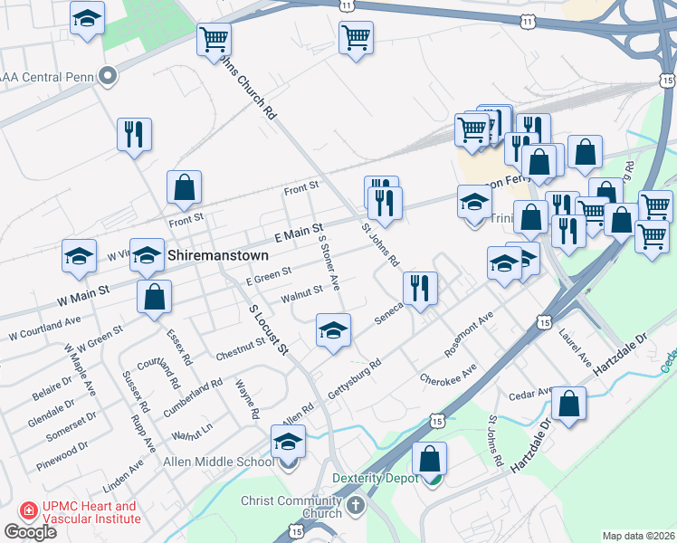 map of restaurants, bars, coffee shops, grocery stores, and more near 106 South Stoner Avenue in Shiremanstown
