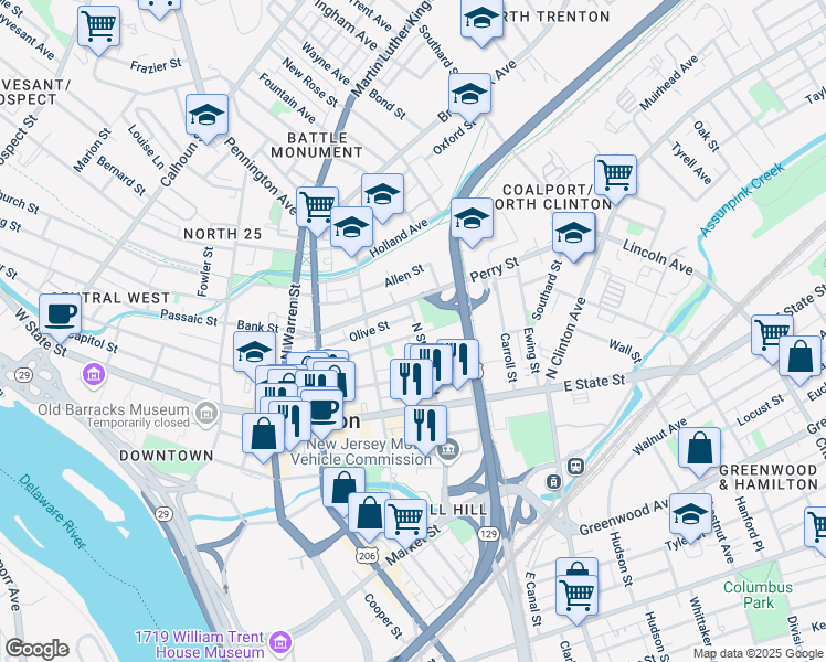 map of restaurants, bars, coffee shops, grocery stores, and more near 246 Academy Street in Trenton