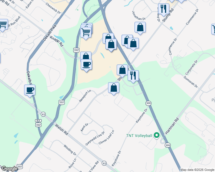 map of restaurants, bars, coffee shops, grocery stores, and more near 310 Stump Road in North Wales
