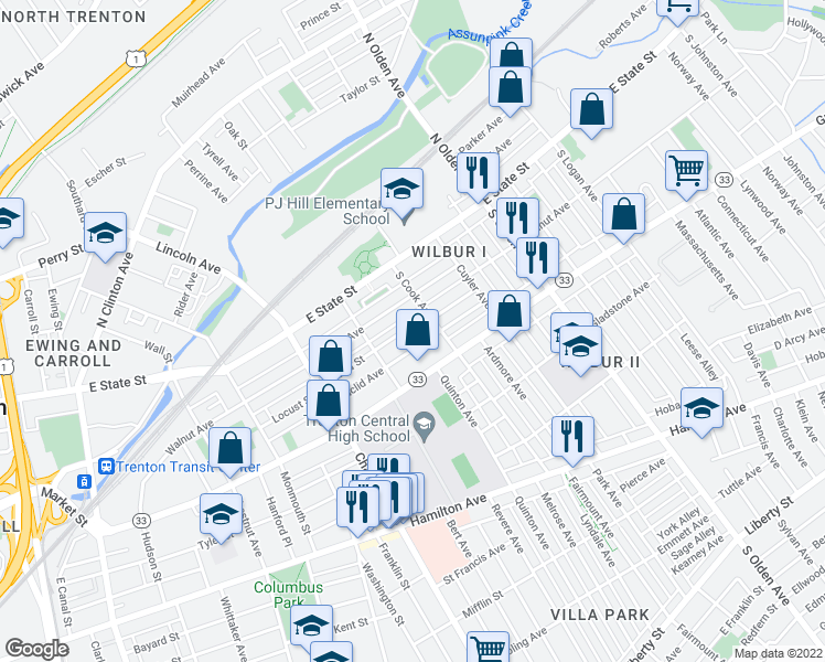 map of restaurants, bars, coffee shops, grocery stores, and more near 335 Tioga Street in Trenton