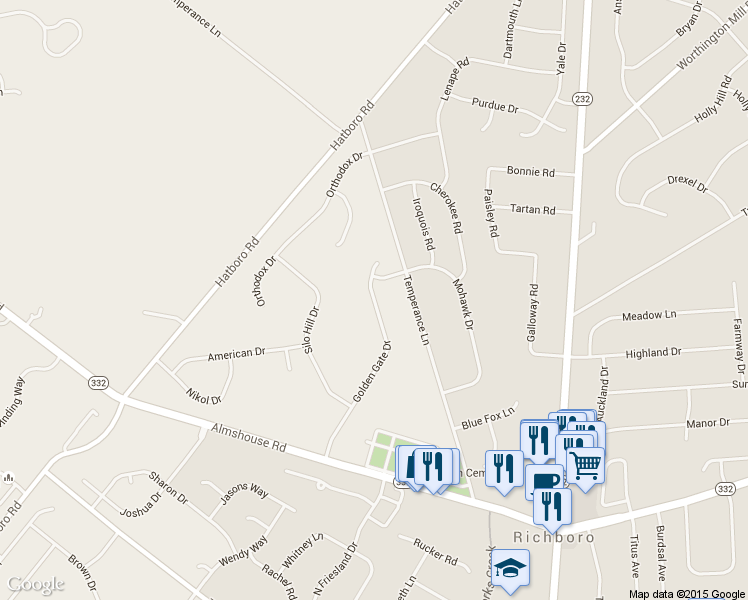 map of restaurants, bars, coffee shops, grocery stores, and more near 521 Golden Gate Drive in Richboro