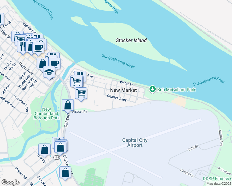 map of restaurants, bars, coffee shops, grocery stores, and more near 401 Ross Avenue in New Cumberland