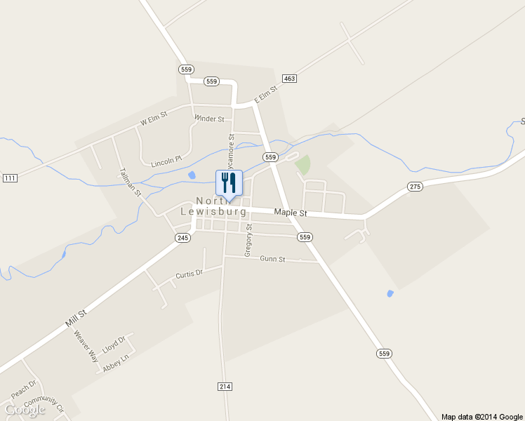 map of restaurants, bars, coffee shops, grocery stores, and more near 139 West Maple Street in North Lewisburg