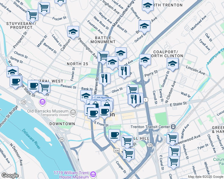 map of restaurants, bars, coffee shops, grocery stores, and more near 131 Perry Street in Trenton