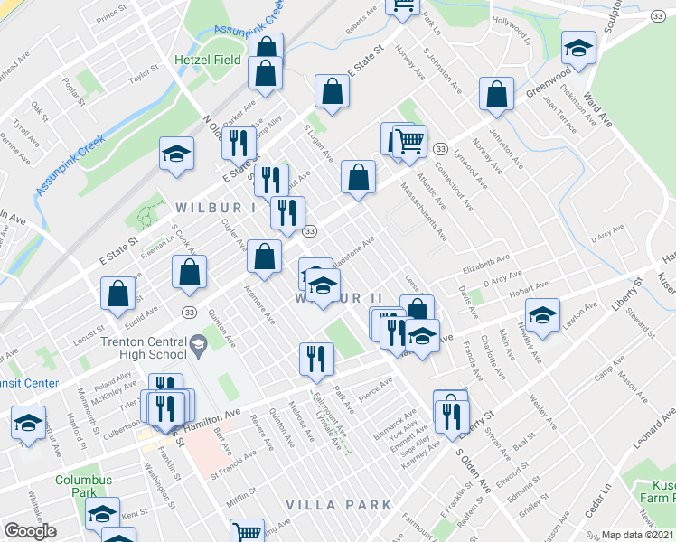 map of restaurants, bars, coffee shops, grocery stores, and more near 425 Gladstone Avenue in Trenton