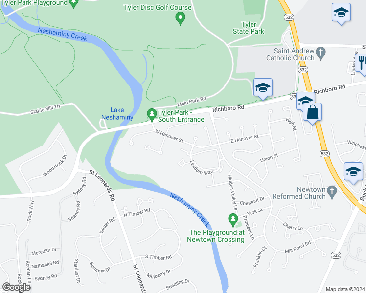 map of restaurants, bars, coffee shops, grocery stores, and more near 343 Leedom Way in Newtown