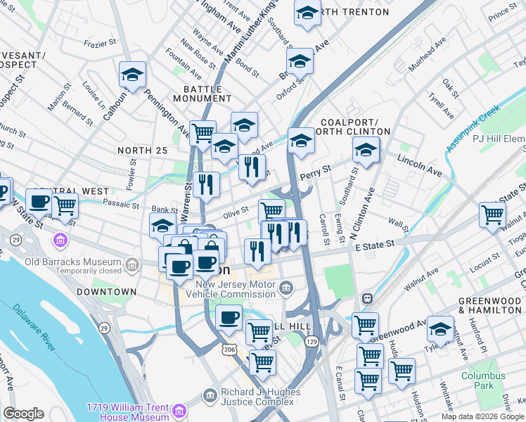 map of restaurants, bars, coffee shops, grocery stores, and more near 350 Academy Street in Trenton