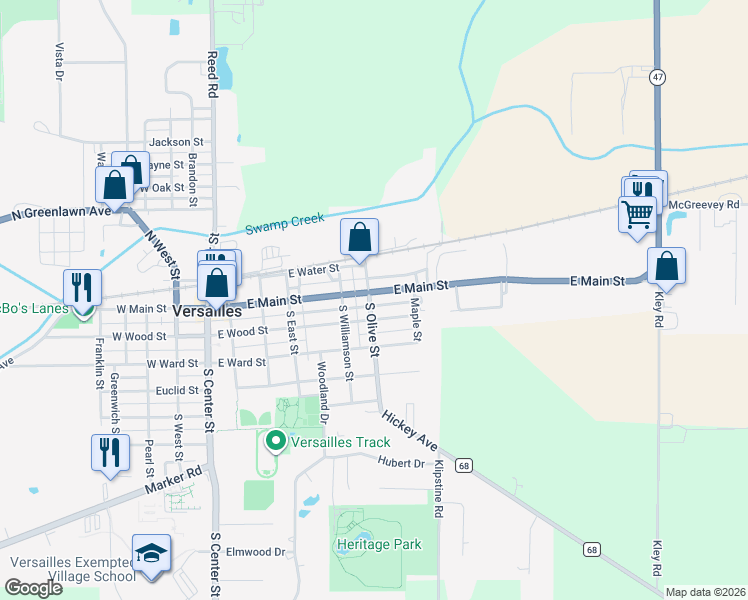 map of restaurants, bars, coffee shops, grocery stores, and more near 619 East Wood Street in Versailles