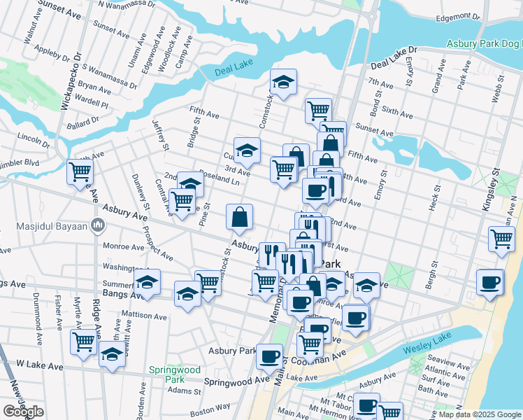 map of restaurants, bars, coffee shops, grocery stores, and more near 1001 1st Avenue in Asbury Park