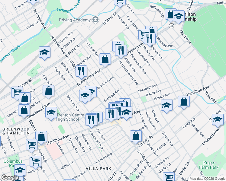 map of restaurants, bars, coffee shops, grocery stores, and more near 405 Cleveland Avenue in Trenton