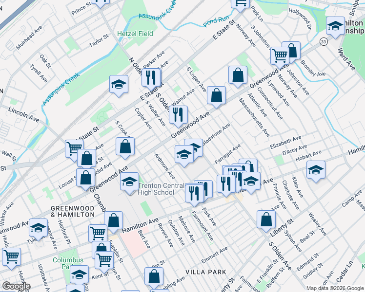 map of restaurants, bars, coffee shops, grocery stores, and more near 245 South Walter Avenue in Trenton