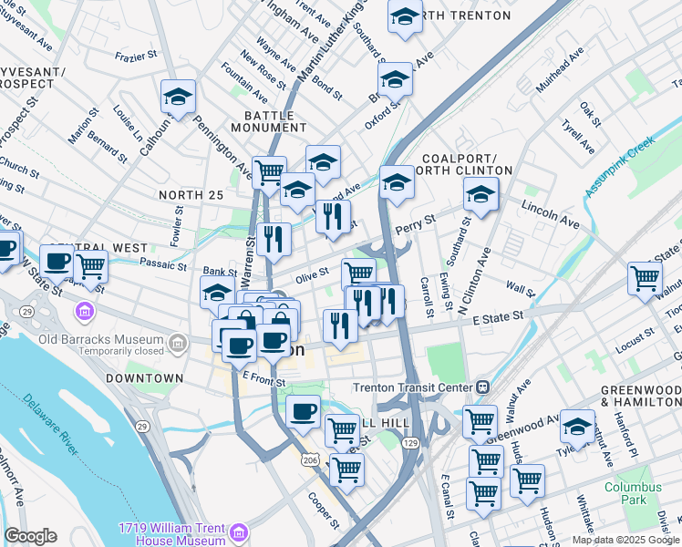 map of restaurants, bars, coffee shops, grocery stores, and more near 224 Academy Street in Trenton
