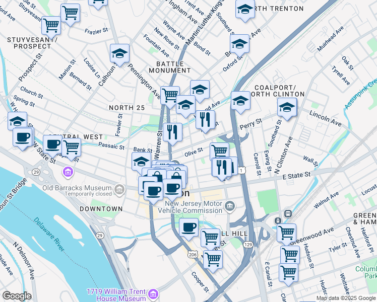 map of restaurants, bars, coffee shops, grocery stores, and more near 120 Academy Street in Trenton