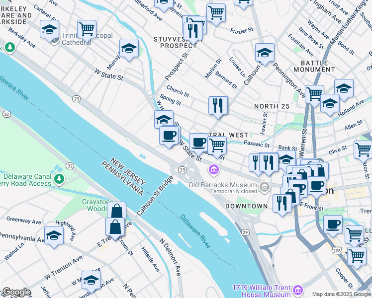 map of restaurants, bars, coffee shops, grocery stores, and more near 315 West State Street in Trenton