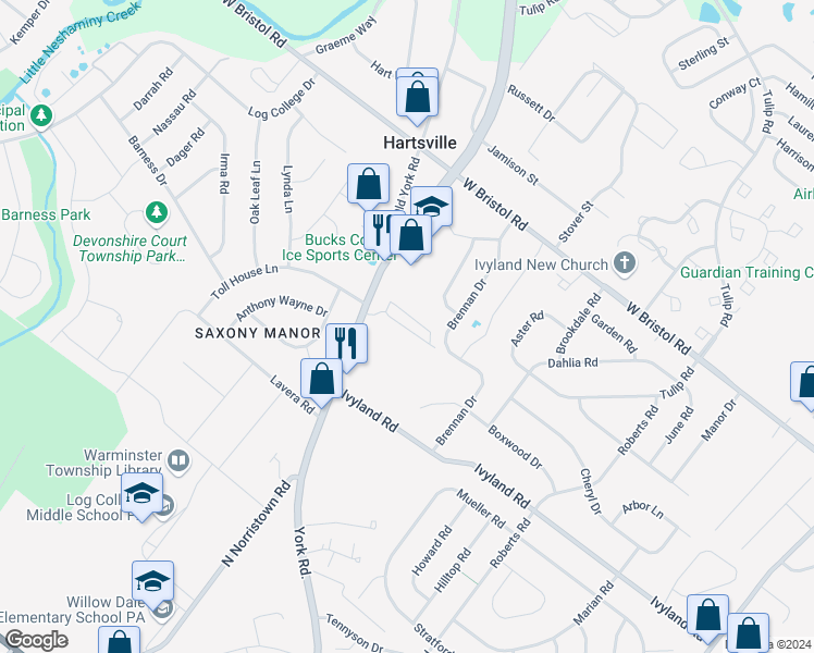 map of restaurants, bars, coffee shops, grocery stores, and more near 1111 York Road in Warminster