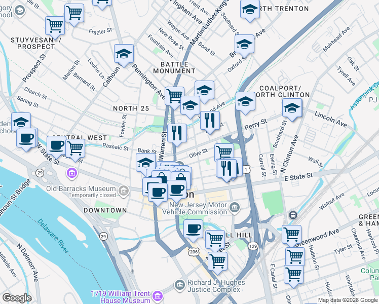 map of restaurants, bars, coffee shops, grocery stores, and more near 131 Perry Street in Trenton