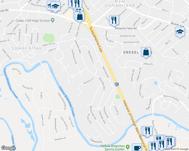map of restaurants, bars, coffee shops, grocery stores, and more near 398 Black Latch Lane in Camp Hill