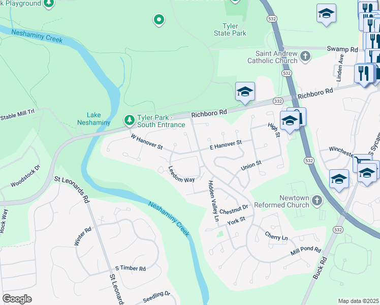 map of restaurants, bars, coffee shops, grocery stores, and more near 3 Beech Street in Newtown