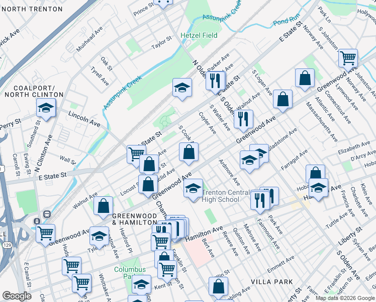 map of restaurants, bars, coffee shops, grocery stores, and more near 342 Euclid Avenue in Trenton