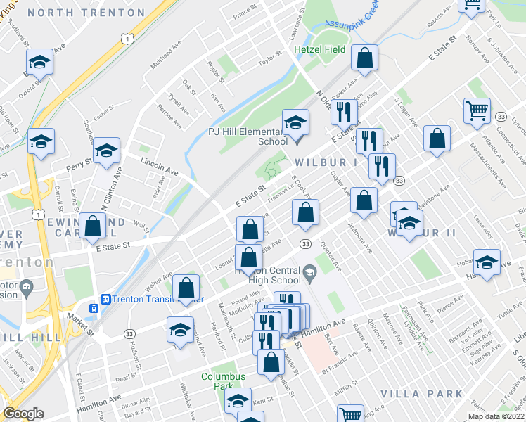 map of restaurants, bars, coffee shops, grocery stores, and more near 276 Walnut Avenue in Trenton