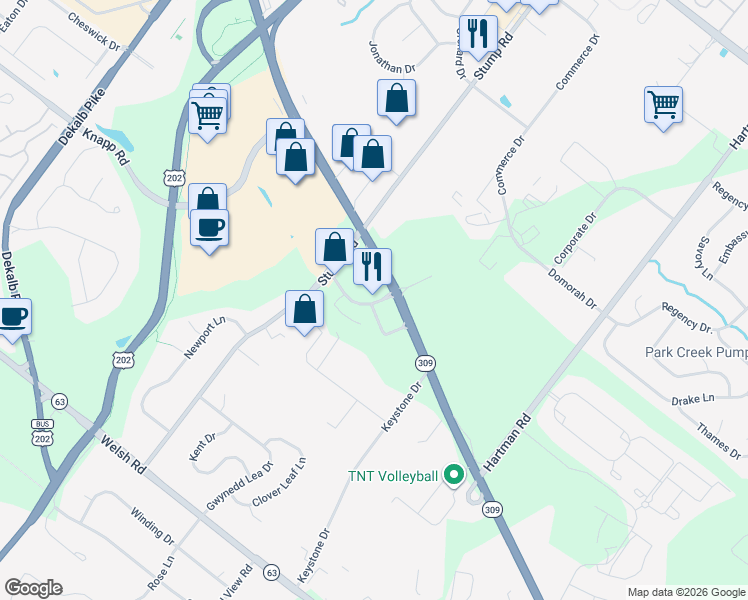 map of restaurants, bars, coffee shops, grocery stores, and more near 1000 Bethlehem Pike in North Wales