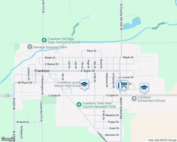 map of restaurants, bars, coffee shops, grocery stores, and more near Indiana 128 in Frankton