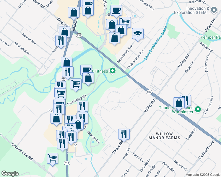 map of restaurants, bars, coffee shops, grocery stores, and more near 81 Basswood Court in Warrington