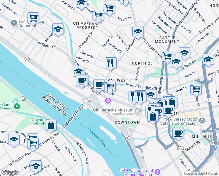map of restaurants, bars, coffee shops, grocery stores, and more near 303 West Hanover Street in Trenton