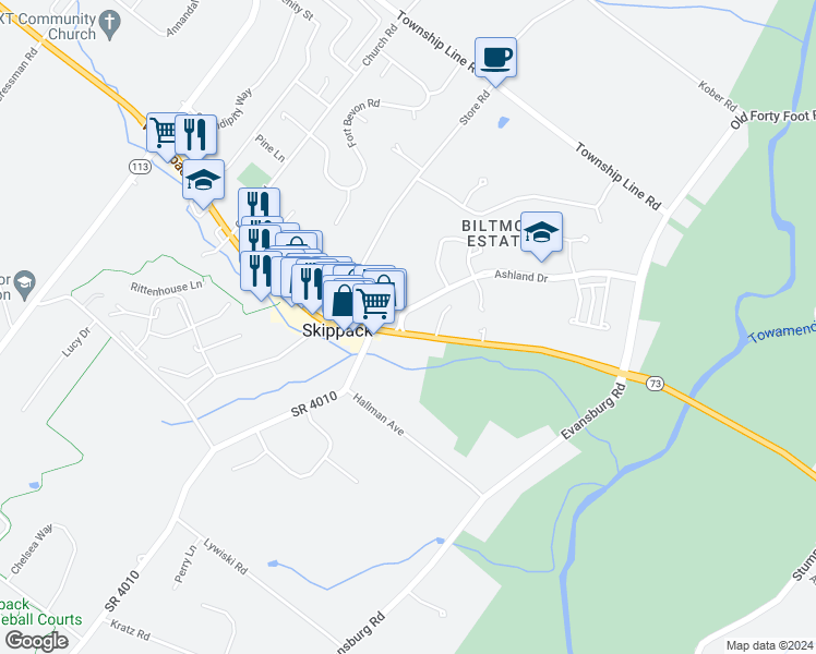 map of restaurants, bars, coffee shops, grocery stores, and more near 3990 Ashland Drive in Harleysville