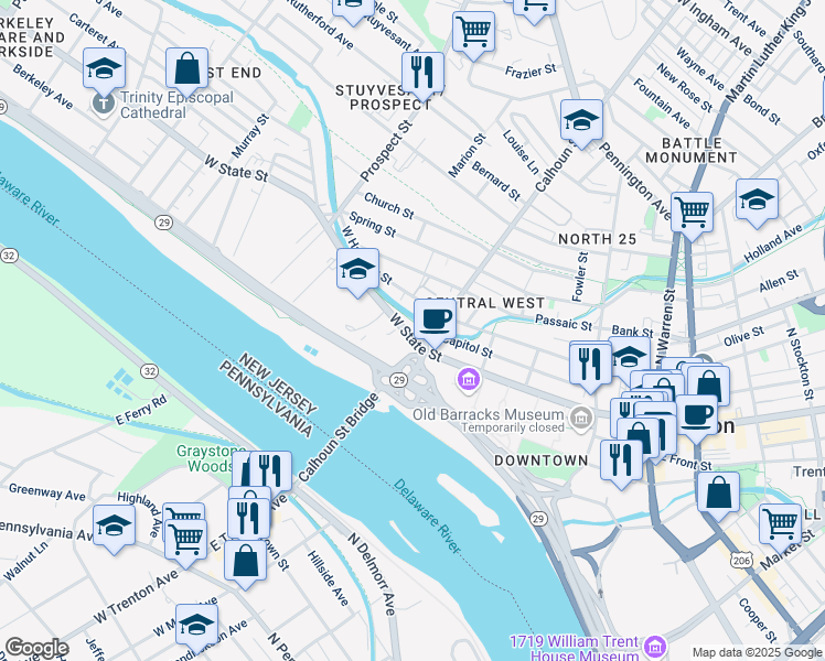 map of restaurants, bars, coffee shops, grocery stores, and more near 322 West State Street in Trenton