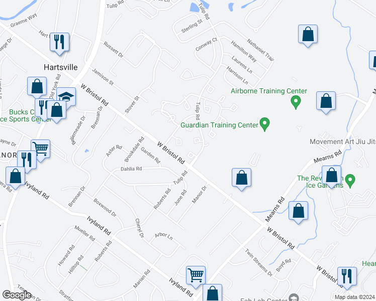 map of restaurants, bars, coffee shops, grocery stores, and more near 202 Countryside Court in Warminster