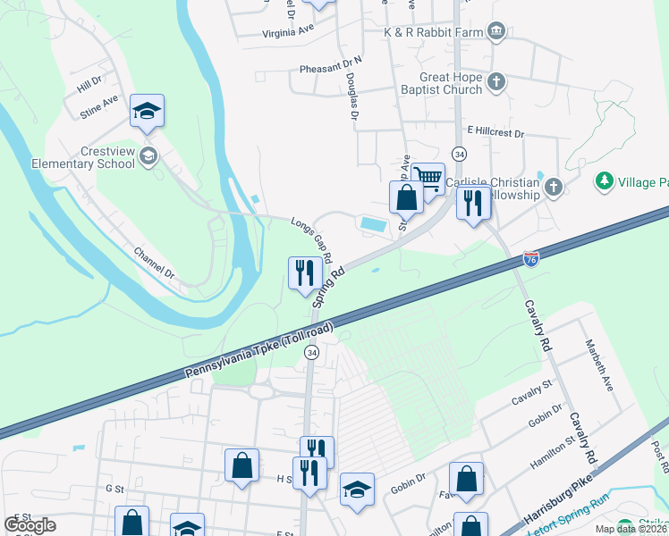 map of restaurants, bars, coffee shops, grocery stores, and more near 1603 Spring Road in Carlisle