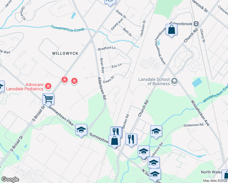 map of restaurants, bars, coffee shops, grocery stores, and more near 165 Providence Lane in Lansdale