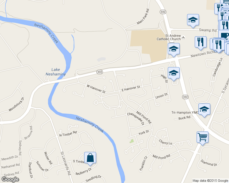 map of restaurants, bars, coffee shops, grocery stores, and more near 3 Beech Street in Newtown