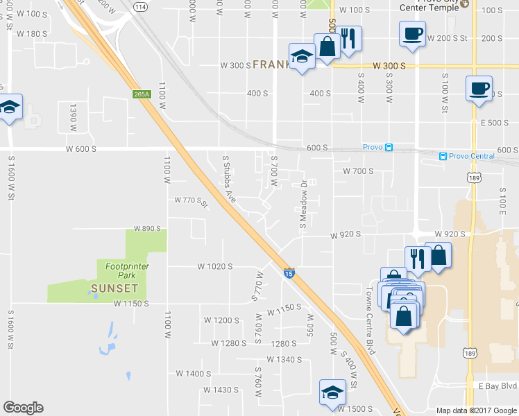 map of restaurants, bars, coffee shops, grocery stores, and more near 801 South Stubbs Avenue in Provo