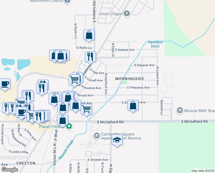 map of restaurants, bars, coffee shops, grocery stores, and more near 1731 East Princeton Avenue in Muncie