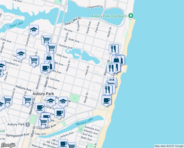 map of restaurants, bars, coffee shops, grocery stores, and more near 305 3rd Avenue in Asbury Park
