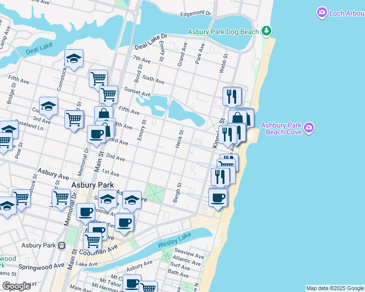 map of restaurants, bars, coffee shops, grocery stores, and more near 305 3rd Avenue in Asbury Park